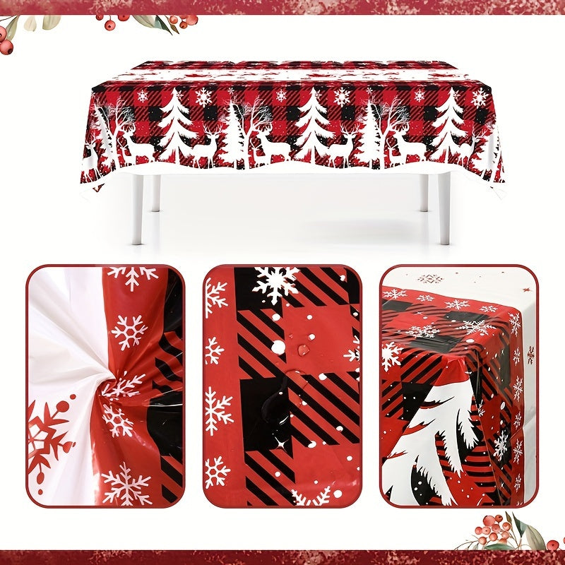 1pc, Christmas Plastic Tablecloth, 51.18*86.61inch Disposable Buffalo Plaid Tree Elk Rectangle Table Cover For Kitchen Dining Table Decor, Christmas Decorations 2024 For Home Decor Xmas Party Festive Holiday Gifts New Year Snowflakes Table Cloth