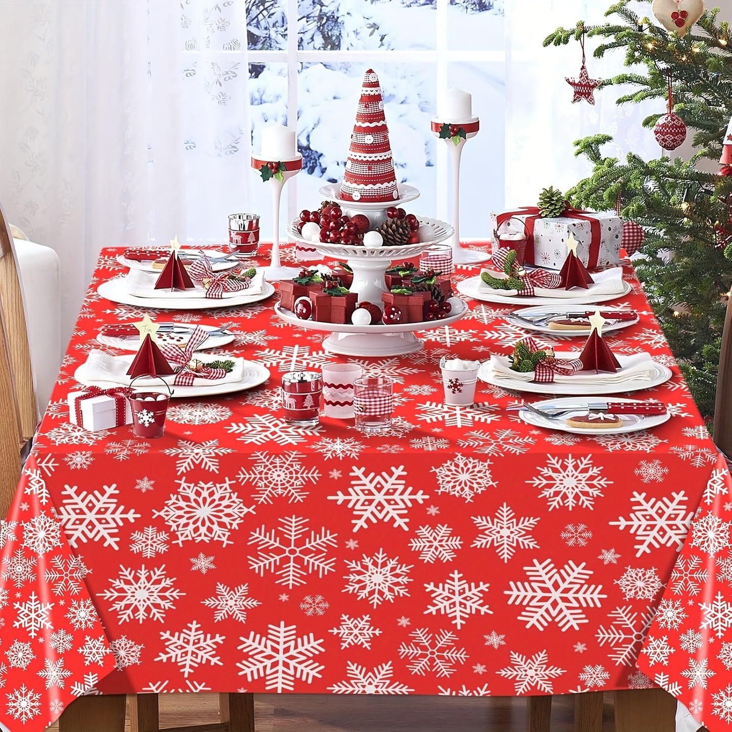 Christmas Snowflake Tablecloth Set of 3 - Disposable Plastic Table Covers for Holiday Parties, Kitchen, Dining, Living Room - Festive Red and White Table Skirts, Machine Made, Autumn Decor - For Holiday Celebrations - Perfect Gift for Christmas