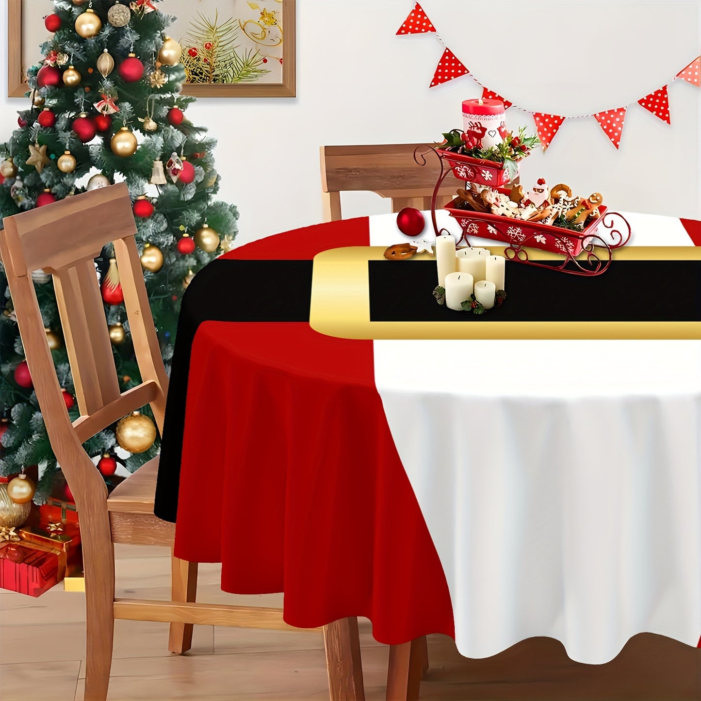 Christmas Holiday Polyester Tablecloth - Festive Santa Graphic Round Table Cover - Durable, Woven, Machine-Made Polyester - Ideal for New Year & Christmas Decorations, Home & Event Design - Great Gift Idea, 1pc