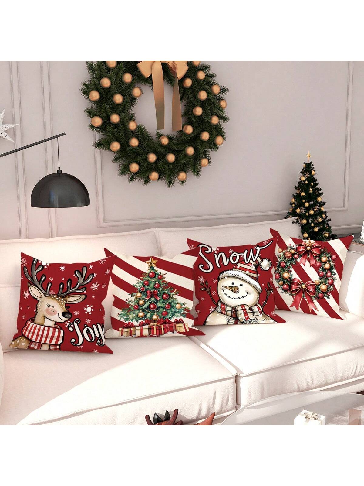4pcs Velvet Christmas Snowman Christmas Tree Deer Joy Throw Pillow Covers Cute Funny Red Green Cozy Soft Decorative Pillowcases One Sided Printing18in*18in For Winter Xmas In Living Room Bedroom Sofa Bed Decor Without Pillow Inserts Red