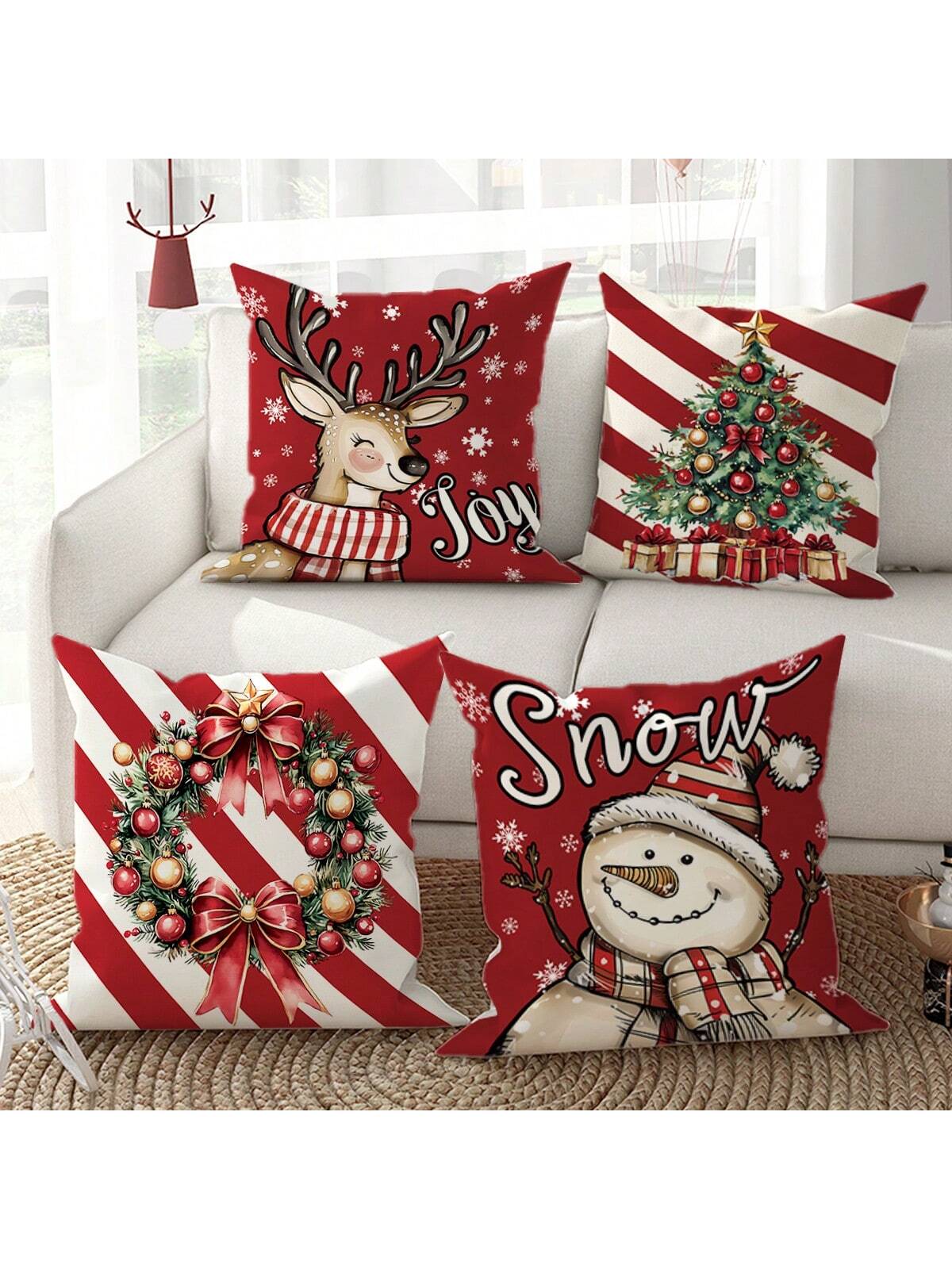 4pcs Velvet Christmas Snowman Christmas Tree Deer Joy Throw Pillow Covers Cute Funny Red Green Cozy Soft Decorative Pillowcases One Sided Printing18in*18in For Winter Xmas In Living Room Bedroom Sofa Bed Decor Without Pillow Inserts Red