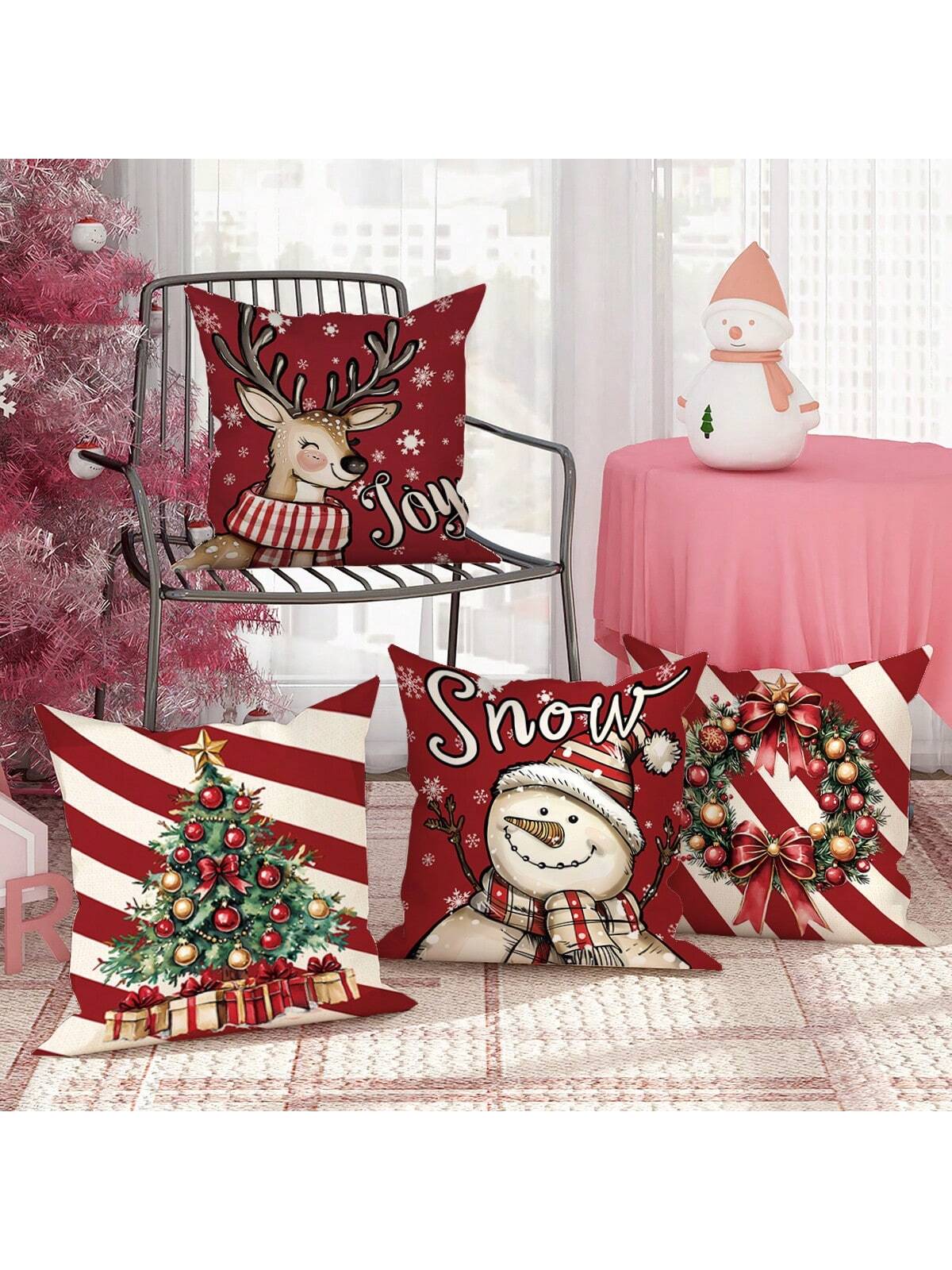 4pcs Velvet Christmas Snowman Christmas Tree Deer Joy Throw Pillow Covers Cute Funny Red Green Cozy Soft Decorative Pillowcases One Sided Printing18in*18in For Winter Xmas In Living Room Bedroom Sofa Bed Decor Without Pillow Inserts Red
