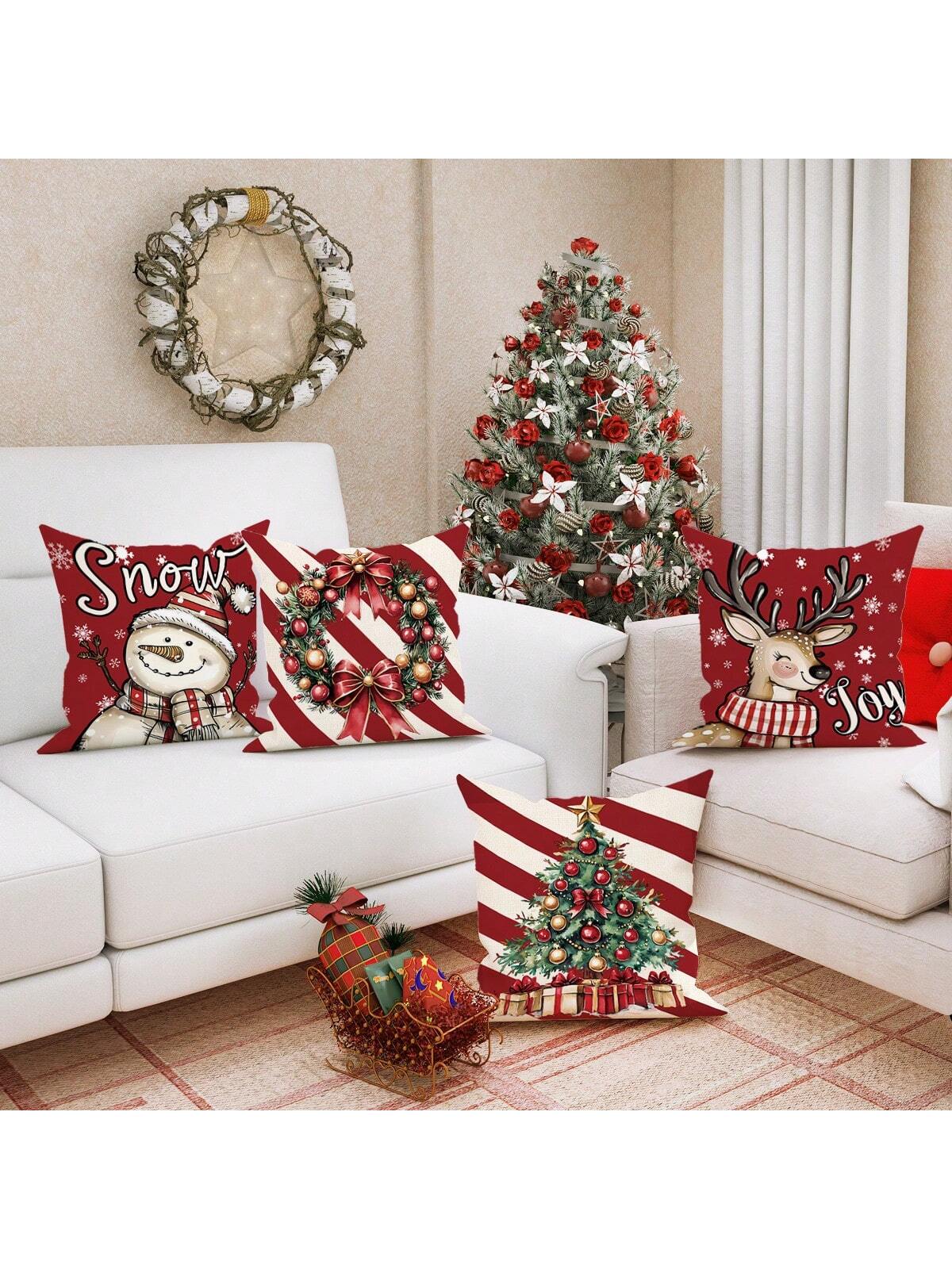 4pcs Velvet Christmas Snowman Christmas Tree Deer Joy Throw Pillow Covers Cute Funny Red Green Cozy Soft Decorative Pillowcases One Sided Printing18in*18in For Winter Xmas In Living Room Bedroom Sofa Bed Decor Without Pillow Inserts Red