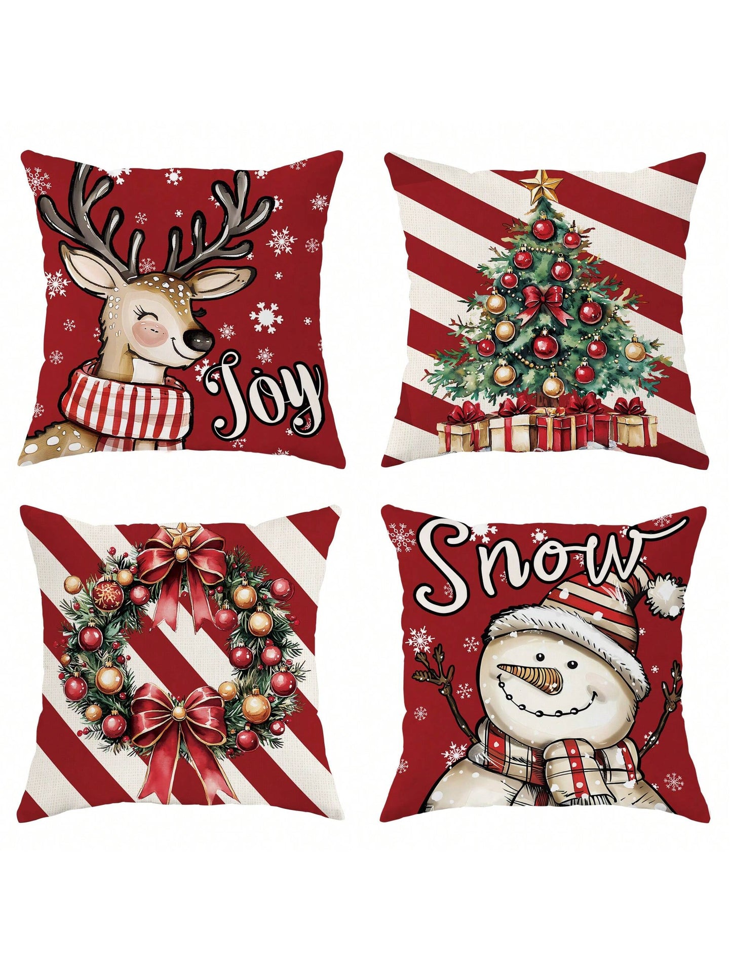 4pcs Velvet Christmas Snowman Christmas Tree Deer Joy Throw Pillow Covers Cute Funny Red Green Cozy Soft Decorative Pillowcases One Sided Printing18in*18in For Winter Xmas In Living Room Bedroom Sofa Bed Decor Without Pillow Inserts Red