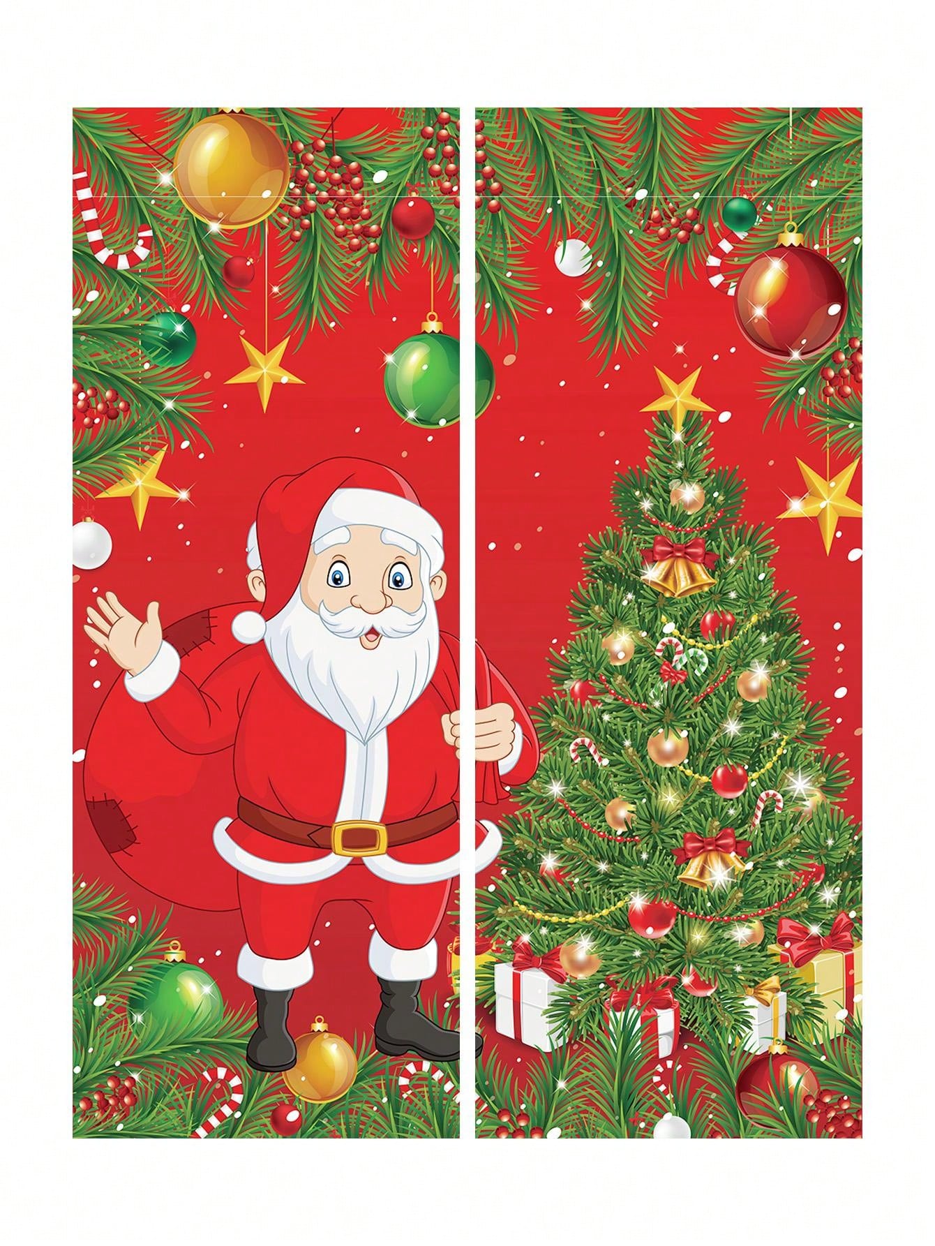 2pcs Christmas Style Window Long Curtains, Santa Claus&Christmas Tree Polyester Curtains For Bedroom, Merry Christmas Draperies For Home Living Room, Christmas Gifts, Christmas Decor, Noel Decor, Christmas Santa Claus