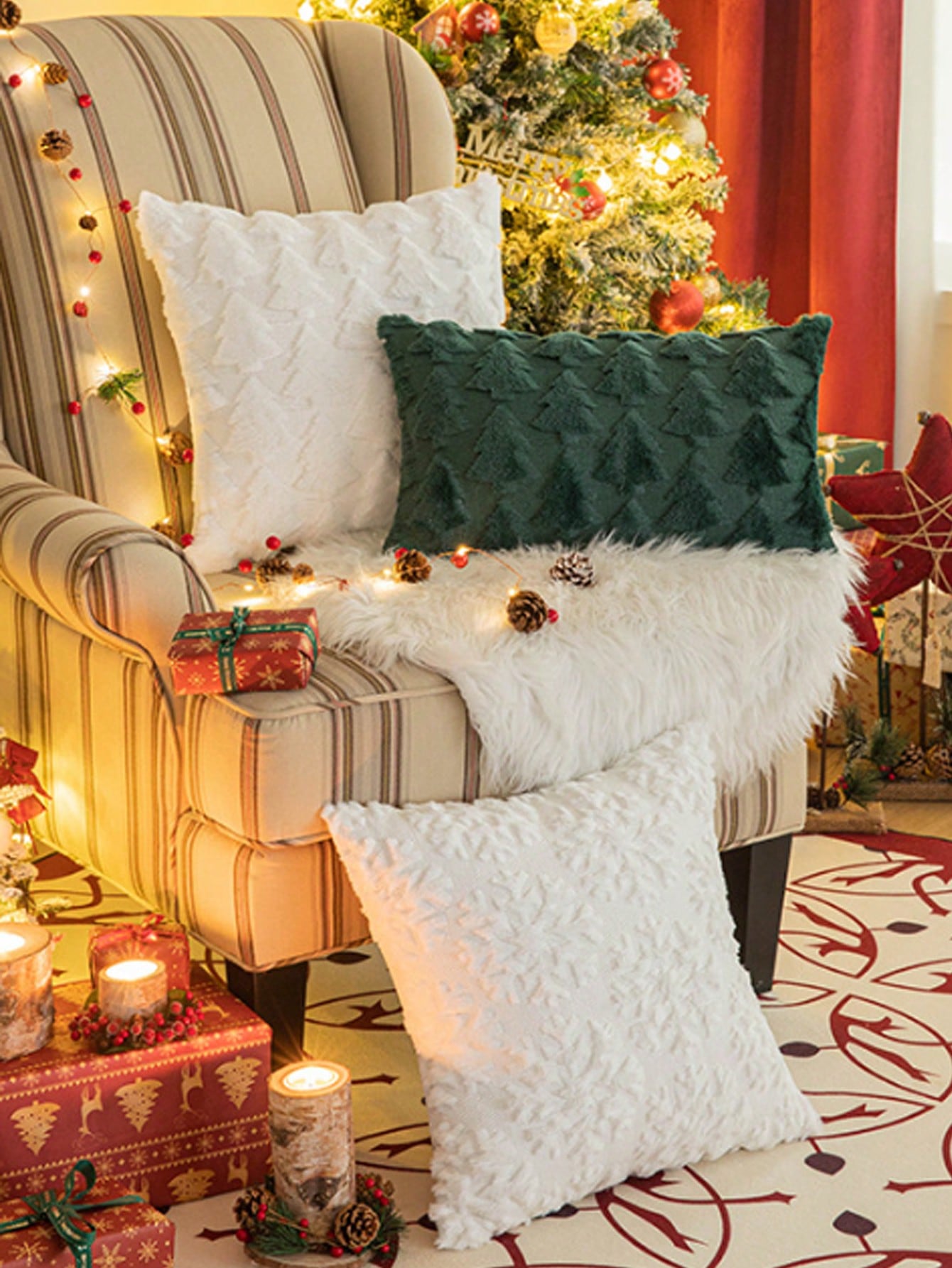 1pc Christmas Decorative Throw Pillow Cover, Christmas Tree Embroidery, Sofa Cushion, For Bedroom And Living Room Decor Red