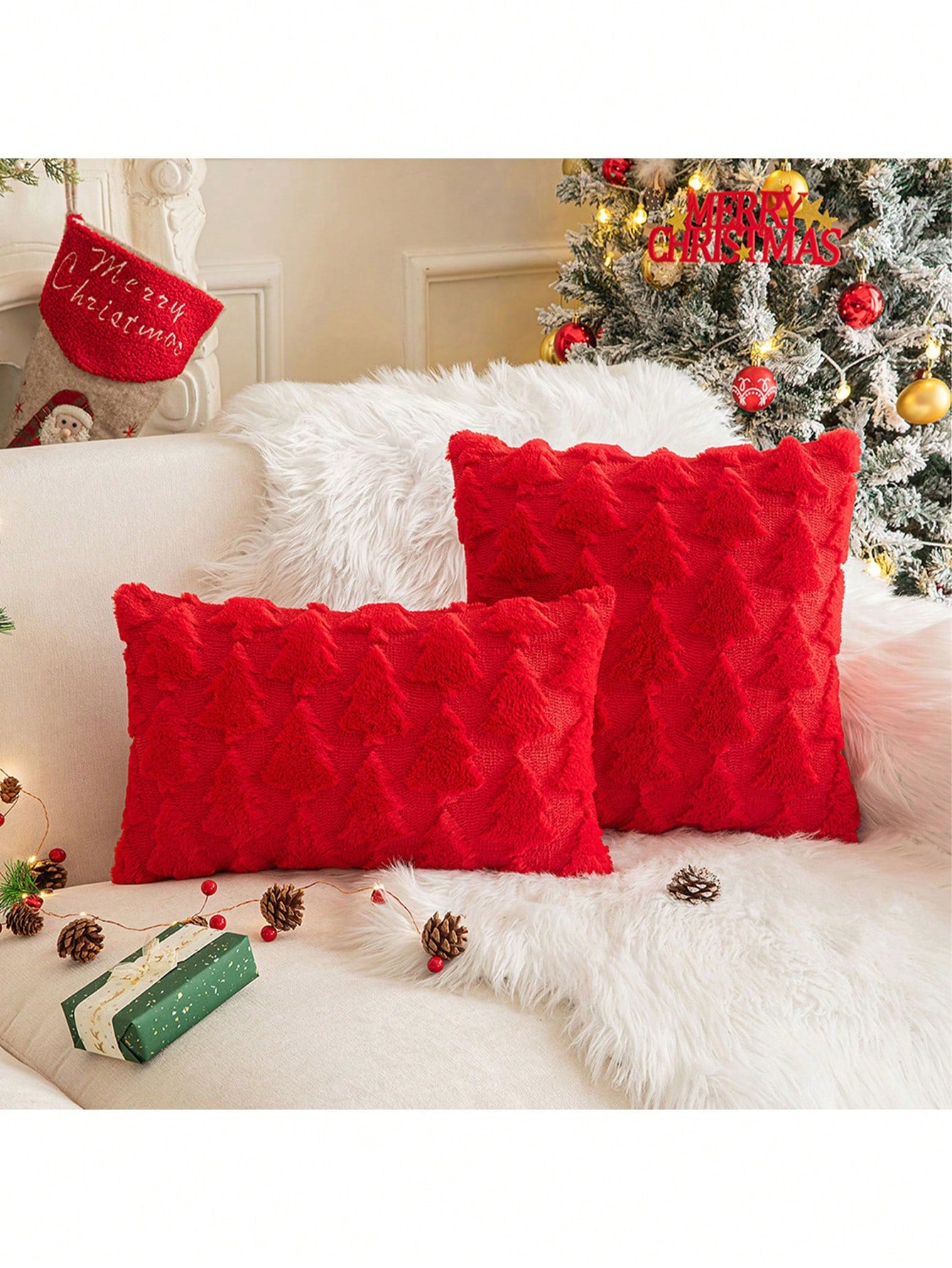 1pc Christmas Decorative Throw Pillow Cover, Christmas Tree Embroidery, Sofa Cushion, For Bedroom And Living Room Decor Red