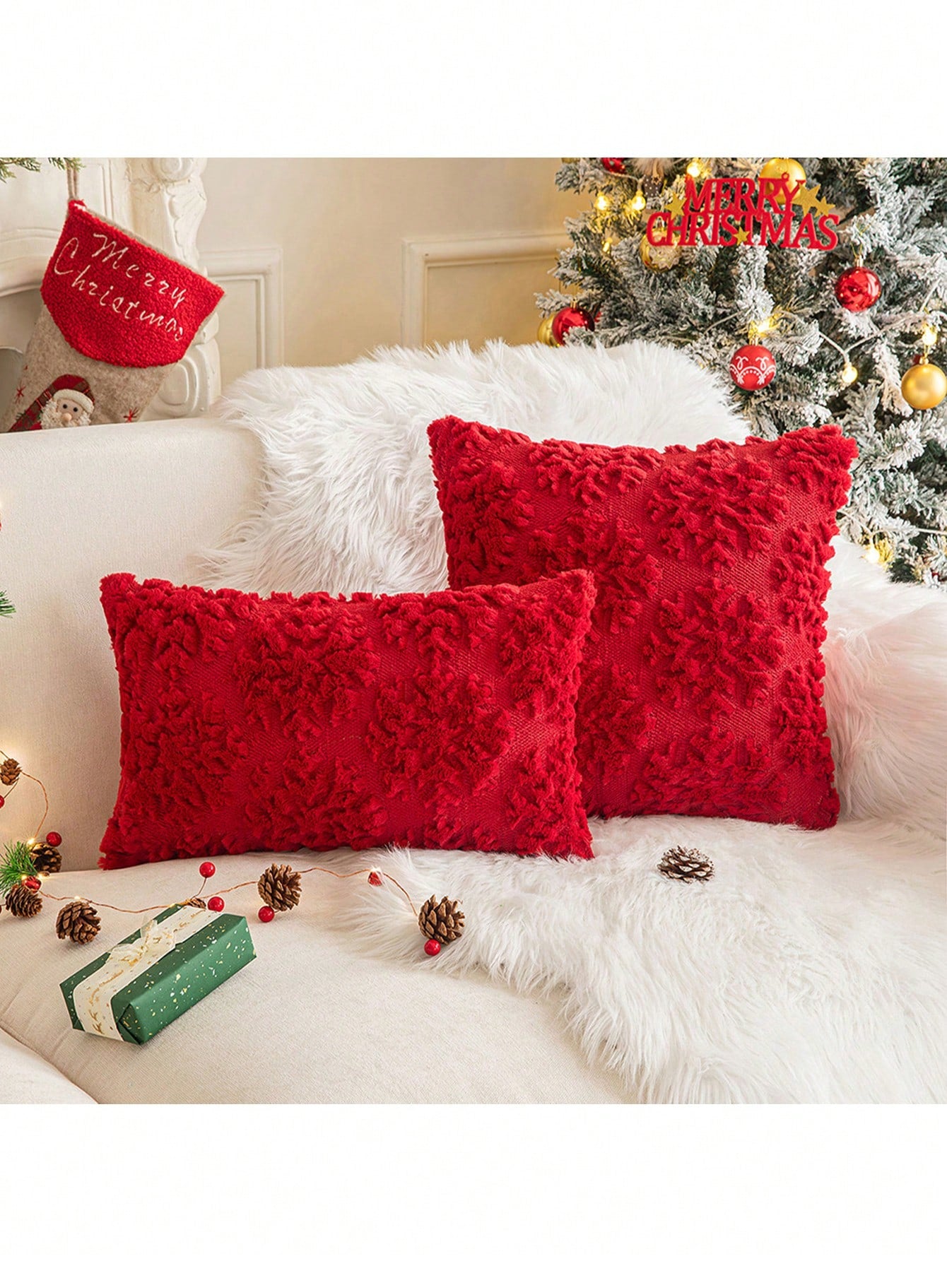 1pc Christmas Decorative Throw Pillow Cover, Christmas Tree Embroidery, Sofa Cushion, For Bedroom And Living Room Decor Red