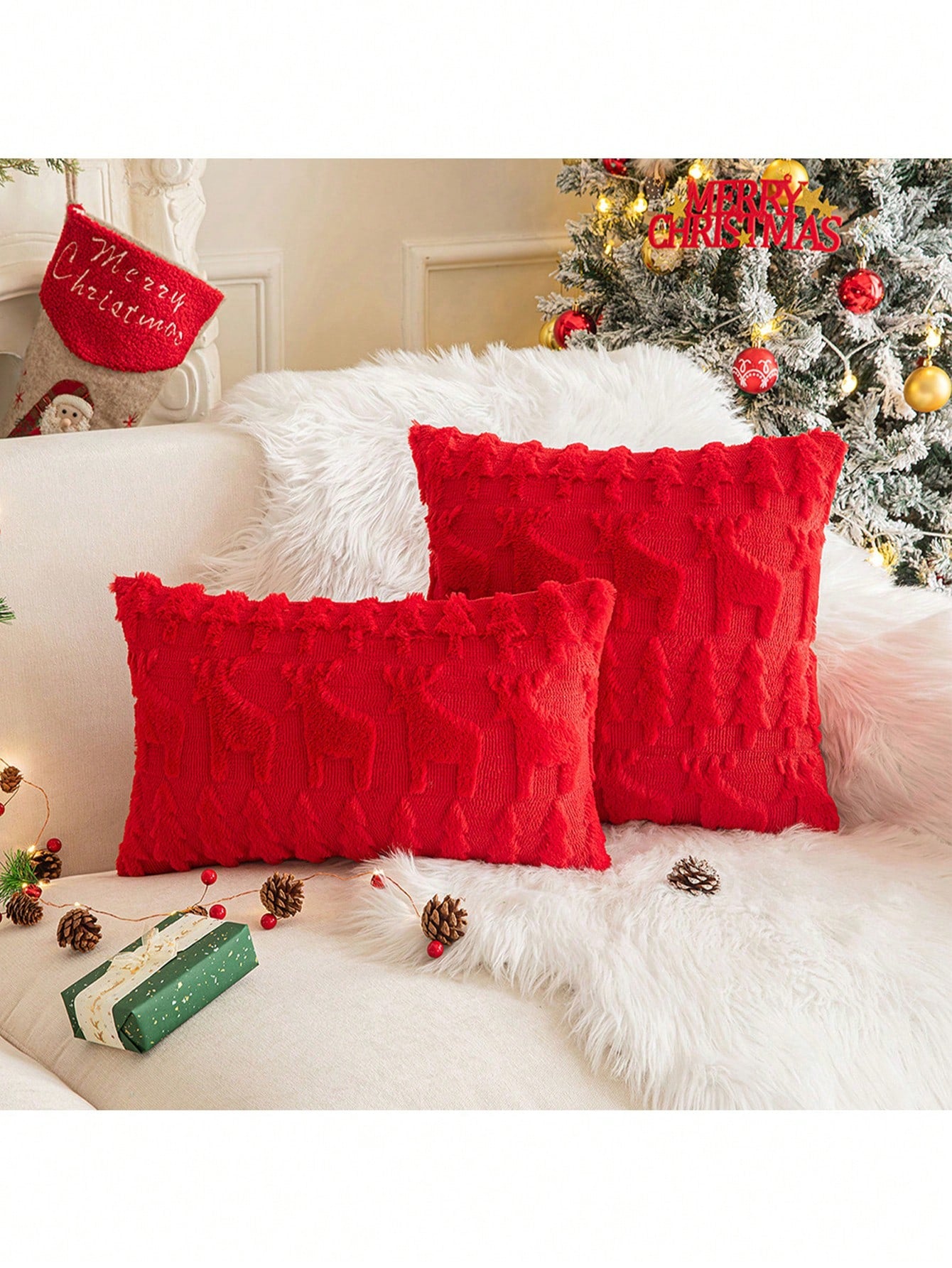 1pc Christmas Decorative Throw Pillow Cover, Christmas Tree Embroidery, Sofa Cushion, For Bedroom And Living Room Decor Red