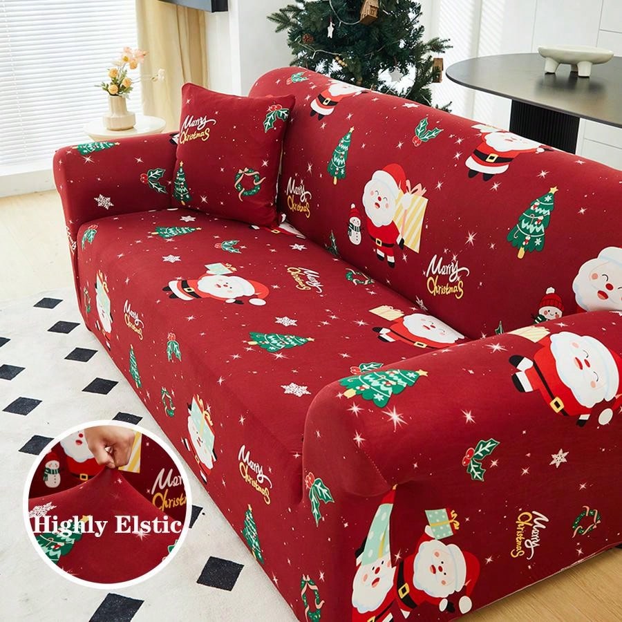 1pc Christmas Elastic Full Coverage Sofa Cover, Dust-Proof Breathable Living Room Sofa Protector, Red Christmas Fabric Sofa Slipcover Multicolor