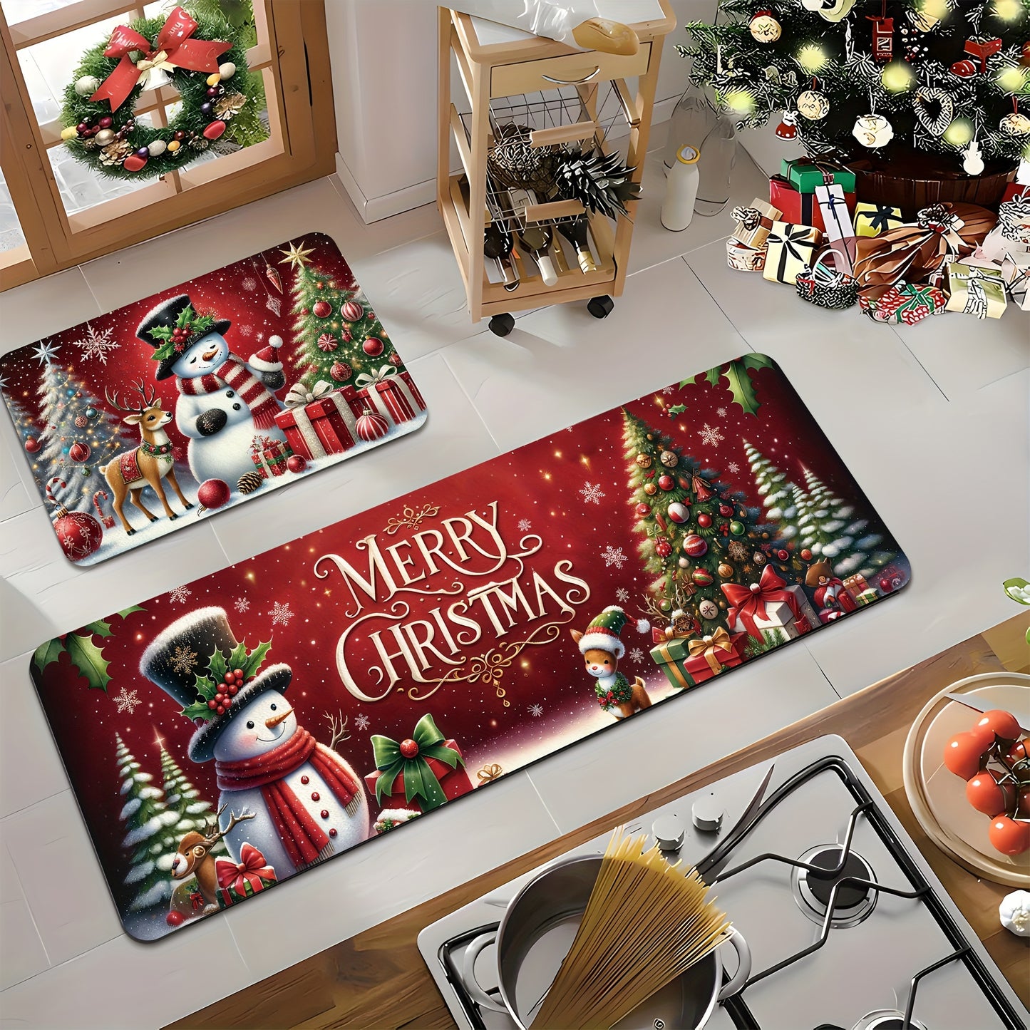 2pcs Merry Christmas Kitchen Rugs, 0.39inch Memory Foam, Red & Green Snowman Tree Deer Design, Non-Slip, Washable, Low Pile, PVC Backed, Polyester, Festive Holiday Home Decor for Kitchen, Dining, Bathroom, Bedroom, Entrance