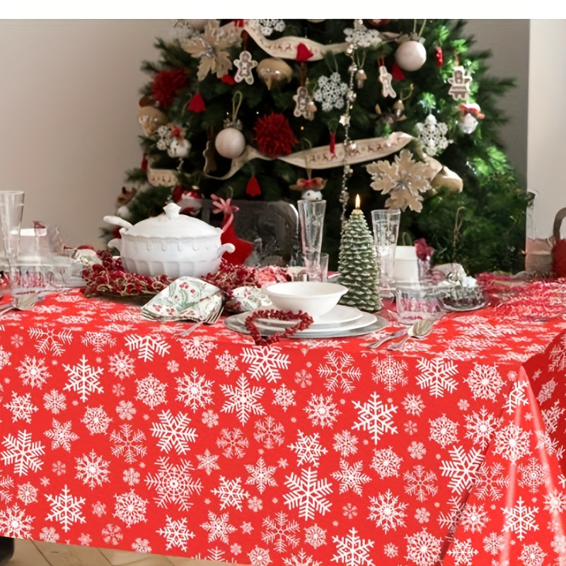 Christmas Snowflake Tablecloth Set of 3 - Disposable Plastic Table Covers for Holiday Parties, Kitchen, Dining, Living Room - Festive Red and White Table Skirts, Machine Made, Autumn Decor - For Holiday Celebrations - Perfect Gift for Christmas