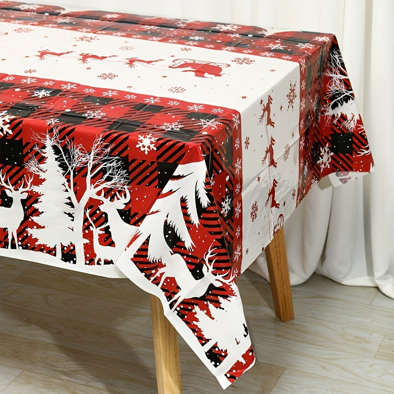 1pc, Christmas Plastic Tablecloth, 51.18*86.61inch Disposable Buffalo Plaid Tree Elk Rectangle Table Cover For Kitchen Dining Table Decor, Christmas Decorations 2024 For Home Decor Xmas Party Festive Holiday Gifts New Year Snowflakes Table Cloth