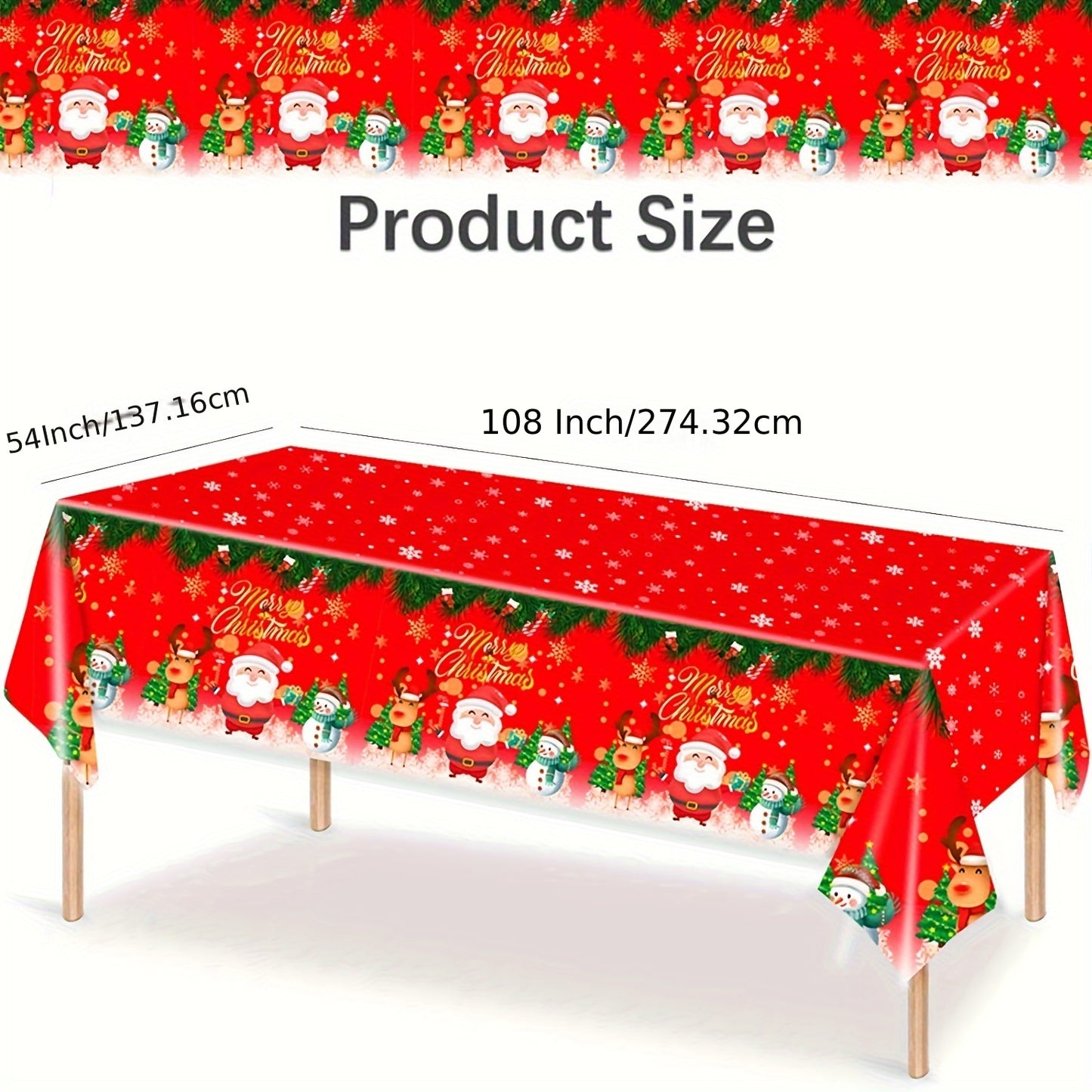 Christmas Party Tablecloth - Festive Red Plastic Table Cover with Snowflakes, Santa, and Reindeer - Durable, Water-Resistant Holiday Table Decor for Christmas and Winter Celebrations, Disposable, Odor Free, 54x108 Inches - 1 Pack