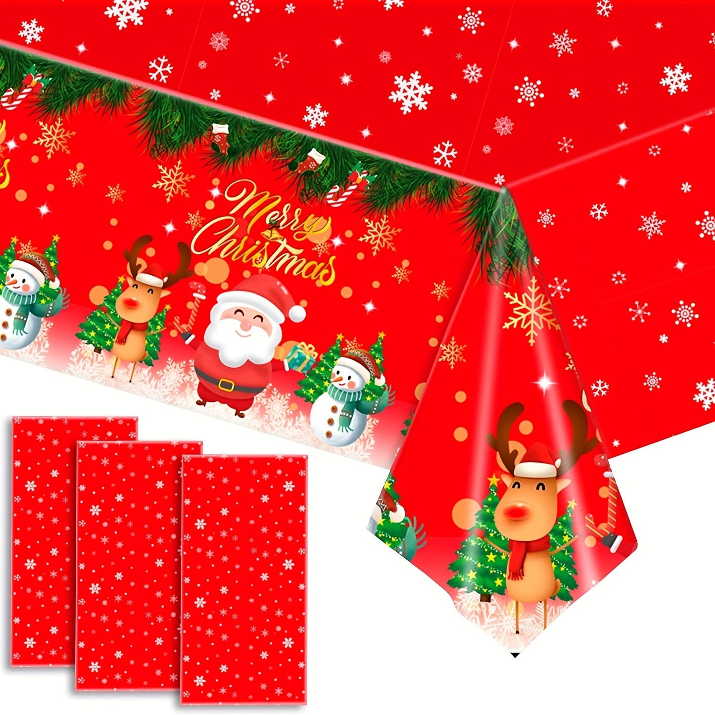 Christmas Party Tablecloth - Festive Red Plastic Table Cover with Snowflakes, Santa, and Reindeer - Durable, Water-Resistant Holiday Table Decor for Christmas and Winter Celebrations, Disposable, Odor Free, 54x108 Inches - 1 Pack