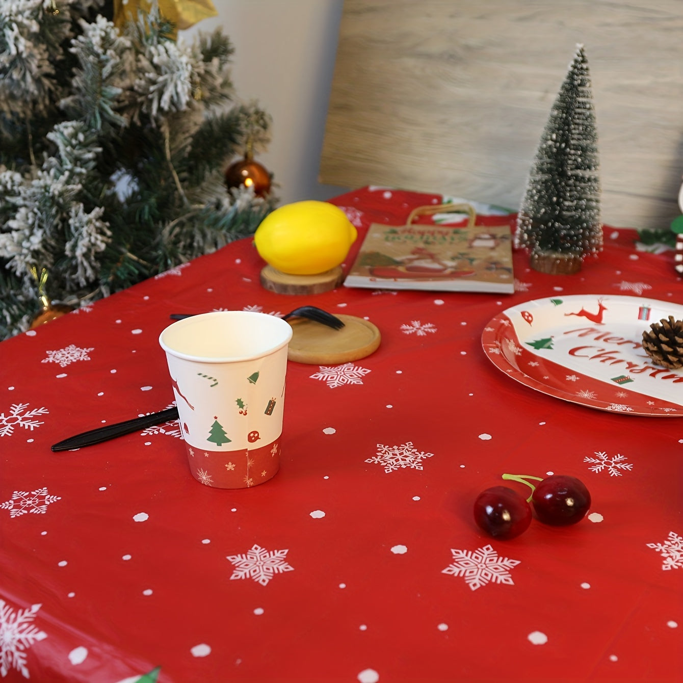 Christmas Snowman and Tree Disposable Tablecloth - Waterproof, Oil-Proof, Vibrant Color, Plastic Table Cover for Holiday Party, 1 Piece, 53.94x107.87inch
