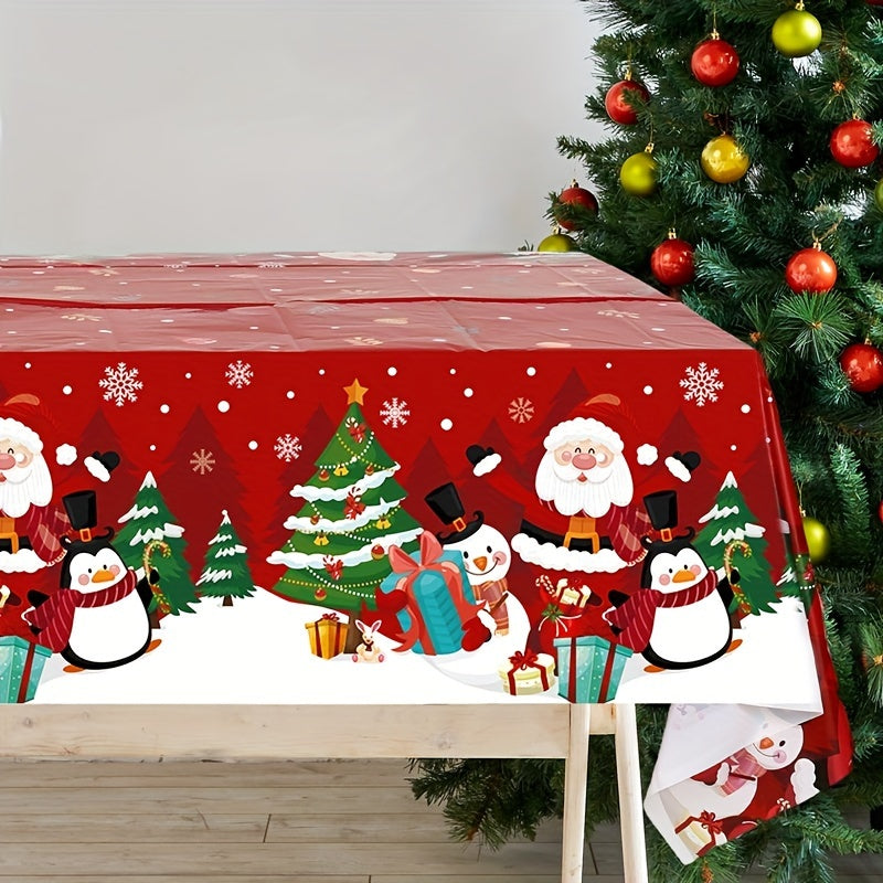 1pc Christmas Plastic Tablecloth - Snow Santa Penguin Pattern, 130x220cm - Festive Home Decor for Christmas & New Year - Perfect Gift for Holiday Gatherings