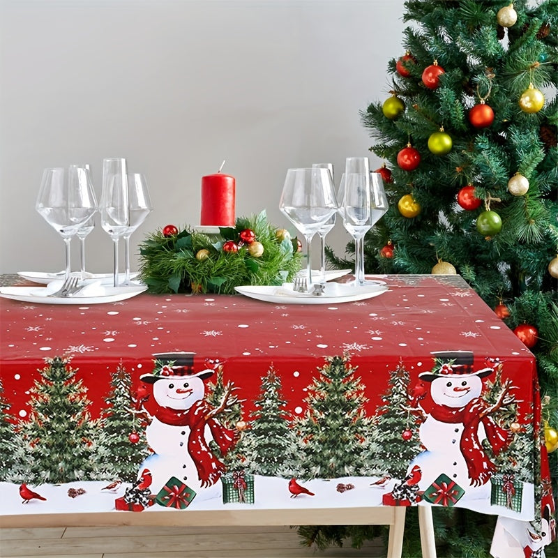 1pc, Merry Christmas Red Tablecloth, Disposable Plastic Tablecloth, Snowman Christmas Tree Table Cover, Christmas Holiday Table Decoration, Winter New Year Holiday Decorations, Natal, Noel, Navidad Decor