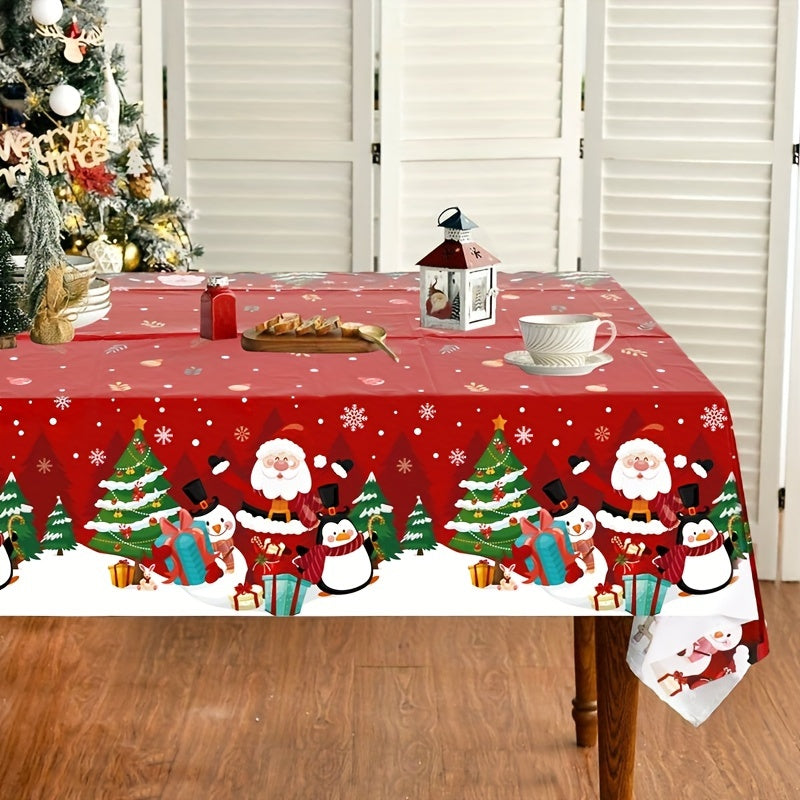 1pc Christmas Plastic Tablecloth - Snow Santa Penguin Pattern, 130x220cm - Festive Home Decor for Christmas & New Year - Perfect Gift for Holiday Gatherings