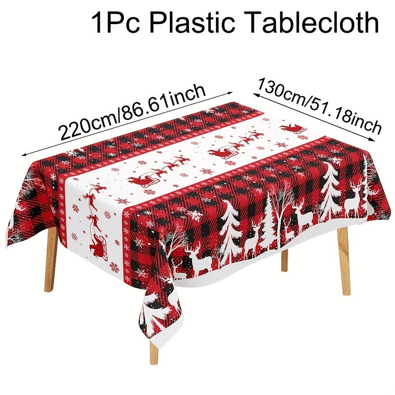 1pc, Christmas Plastic Tablecloth, 51.18*86.61inch Disposable Buffalo Plaid Tree Elk Rectangle Table Cover For Kitchen Dining Table Decor, Christmas Decorations 2024 For Home Decor Xmas Party Festive Holiday Gifts New Year Snowflakes Table Cloth