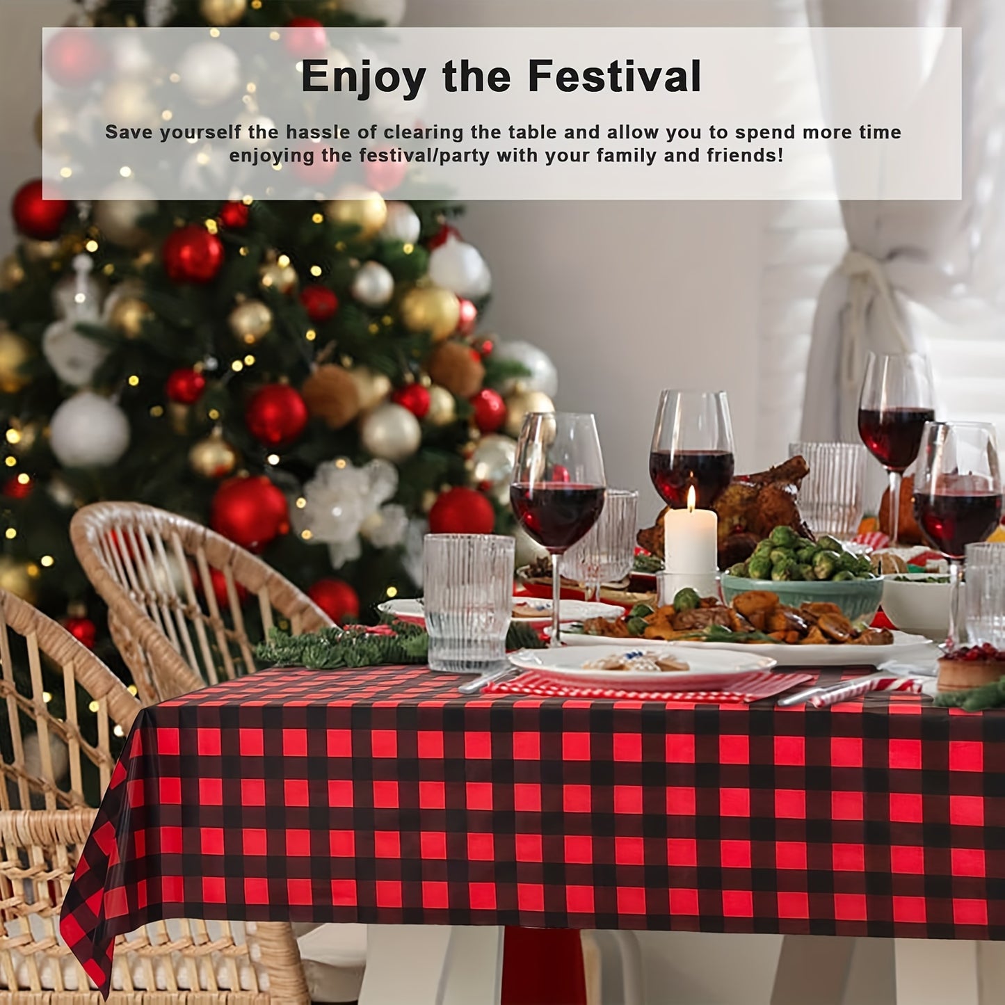 1pc Red & Black Plaid Disposable Tablecloth - Waterproof & Stain-Resistant, Perfect for Christmas Family Gatherings & Parties
