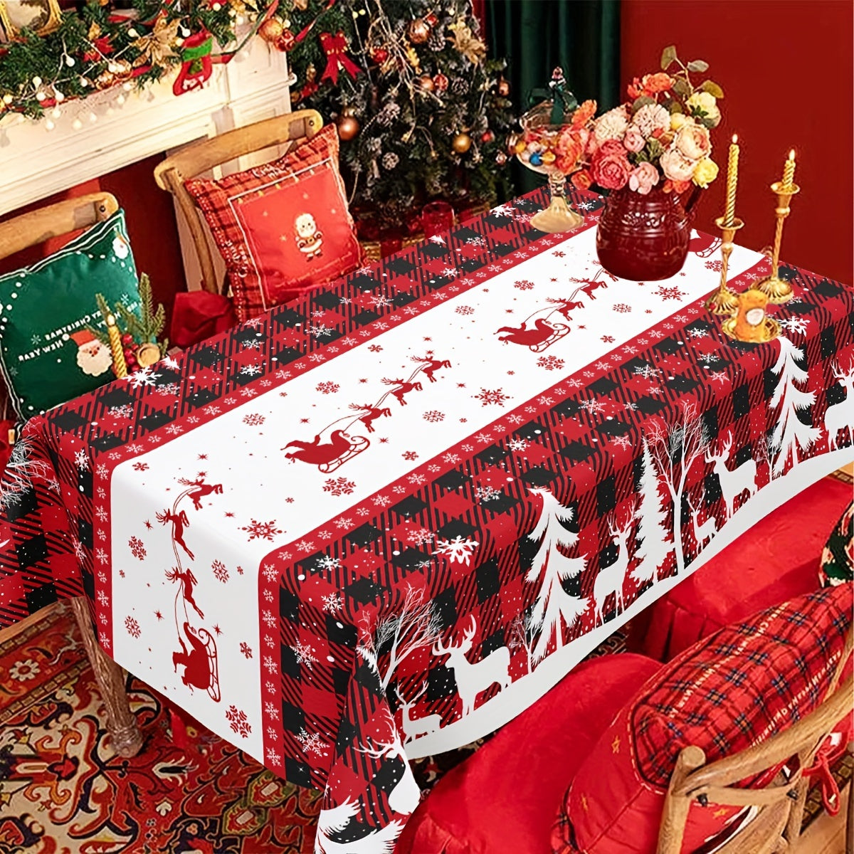 1pc, Christmas Plastic Tablecloth, 51.18*86.61inch Disposable Buffalo Plaid Tree Elk Rectangle Table Cover For Kitchen Dining Table Decor, Christmas Decorations 2024 For Home Decor Xmas Party Festive Holiday Gifts New Year Snowflakes Table Cloth