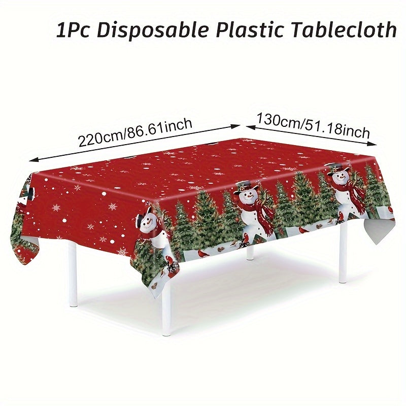 1pc, Merry Christmas Red Tablecloth, Disposable Plastic Tablecloth, Snowman Christmas Tree Table Cover, Christmas Holiday Table Decoration, Winter New Year Holiday Decorations, Natal, Noel, Navidad Decor