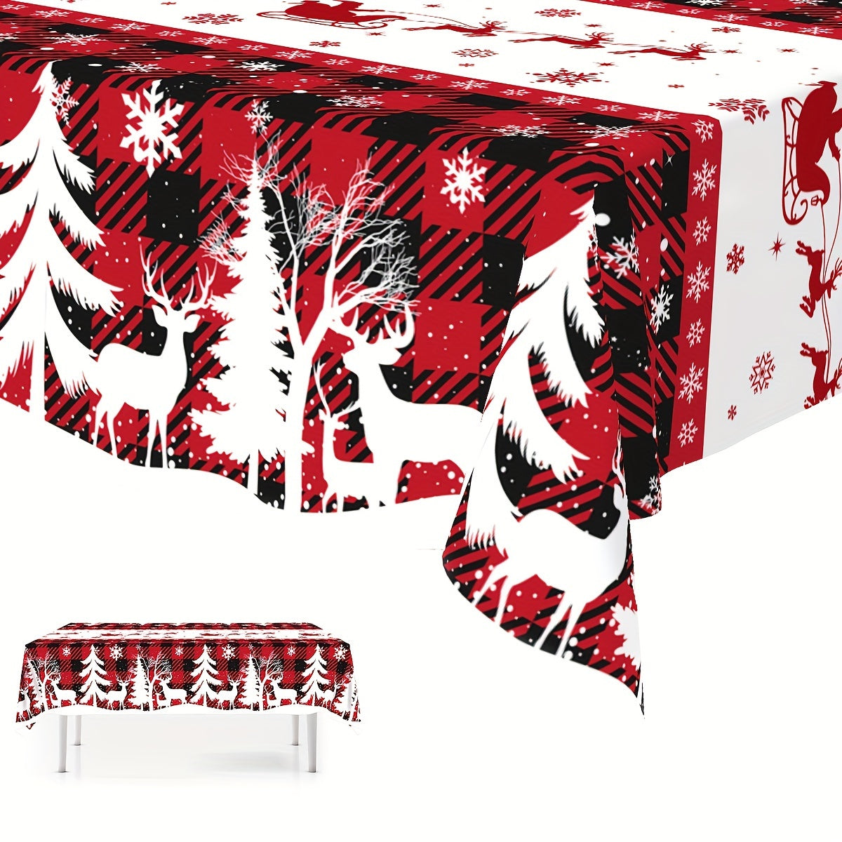 1pc, Christmas Plastic Tablecloth, 51.18*86.61inch Disposable Buffalo Plaid Tree Elk Rectangle Table Cover For Kitchen Dining Table Decor, Christmas Decorations 2024 For Home Decor Xmas Party Festive Holiday Gifts New Year Snowflakes Table Cloth