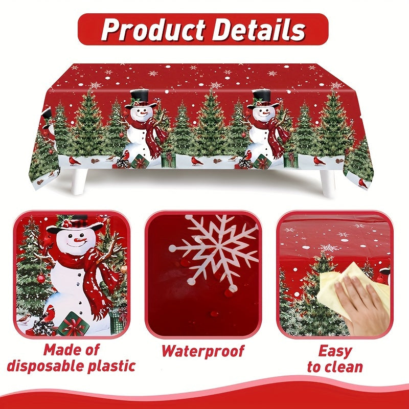 1pc, Merry Christmas Red Tablecloth, Disposable Plastic Tablecloth, Snowman Christmas Tree Table Cover, Christmas Holiday Table Decoration, Winter New Year Holiday Decorations, Natal, Noel, Navidad Decor