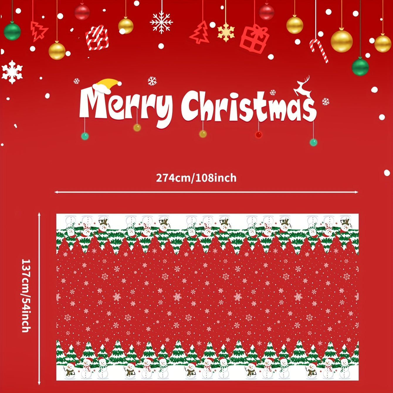 Christmas Snowman and Tree Disposable Tablecloth - Waterproof, Oil-Proof, Vibrant Color, Plastic Table Cover for Holiday Party, 1 Piece, 53.94x107.87inch