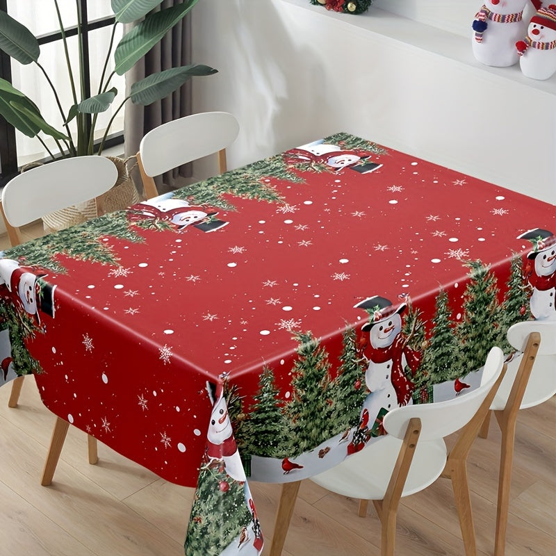 1pc, Merry Christmas Red Tablecloth, Disposable Plastic Tablecloth, Snowman Christmas Tree Table Cover, Christmas Holiday Table Decoration, Winter New Year Holiday Decorations, Natal, Noel, Navidad Decor