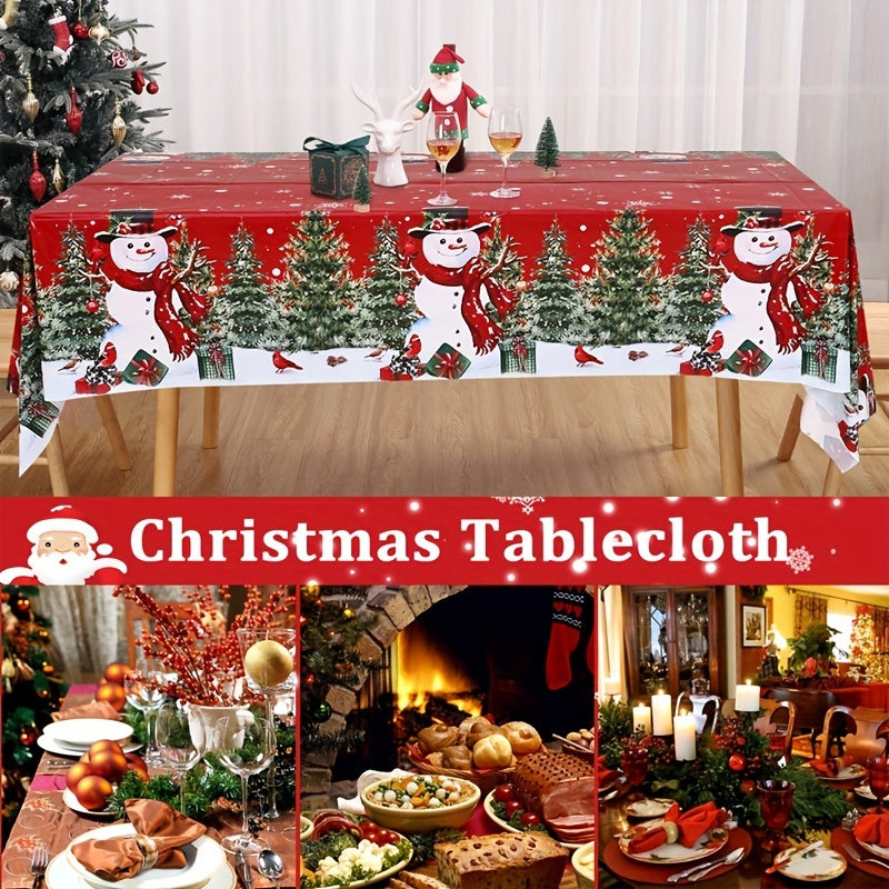 1pc, Merry Christmas Red Tablecloth, Disposable Plastic Tablecloth, Snowman Christmas Tree Table Cover, Christmas Holiday Table Decoration, Winter New Year Holiday Decorations, Natal, Noel, Navidad Decor
