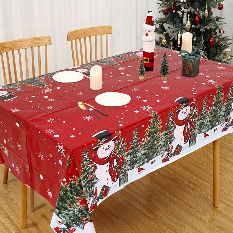 1pc, Merry Christmas Red Tablecloth, Disposable Plastic Tablecloth, Snowman Christmas Tree Table Cover, Christmas Holiday Table Decoration, Winter New Year Holiday Decorations, Natal, Noel, Navidad Decor