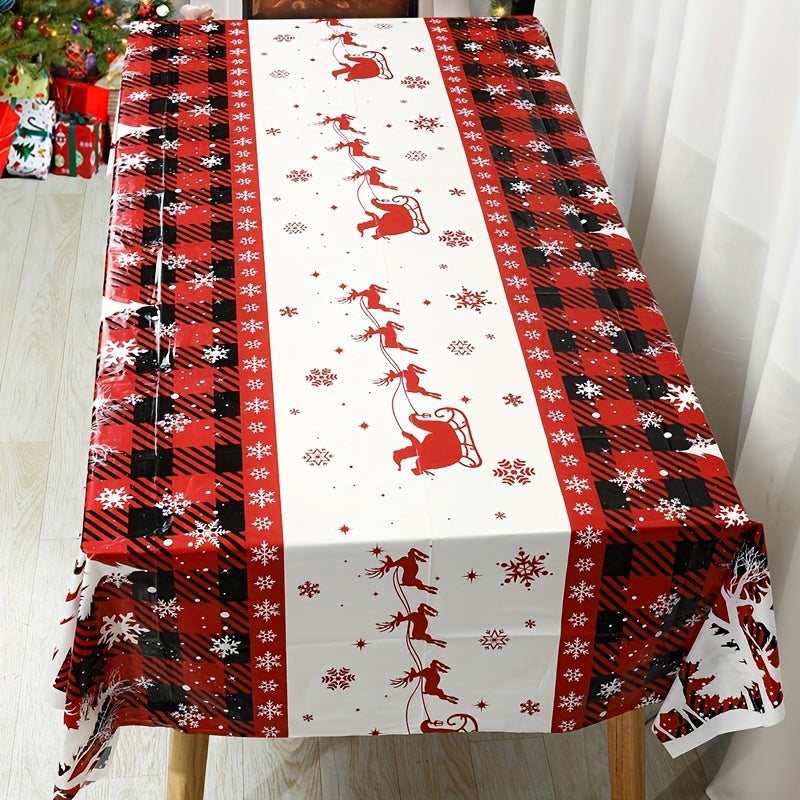1pc, Christmas Plastic Tablecloth, 51.18*86.61inch Disposable Buffalo Plaid Tree Elk Rectangle Table Cover For Kitchen Dining Table Decor, Christmas Decorations 2024 For Home Decor Xmas Party Festive Holiday Gifts New Year Snowflakes Table Cloth