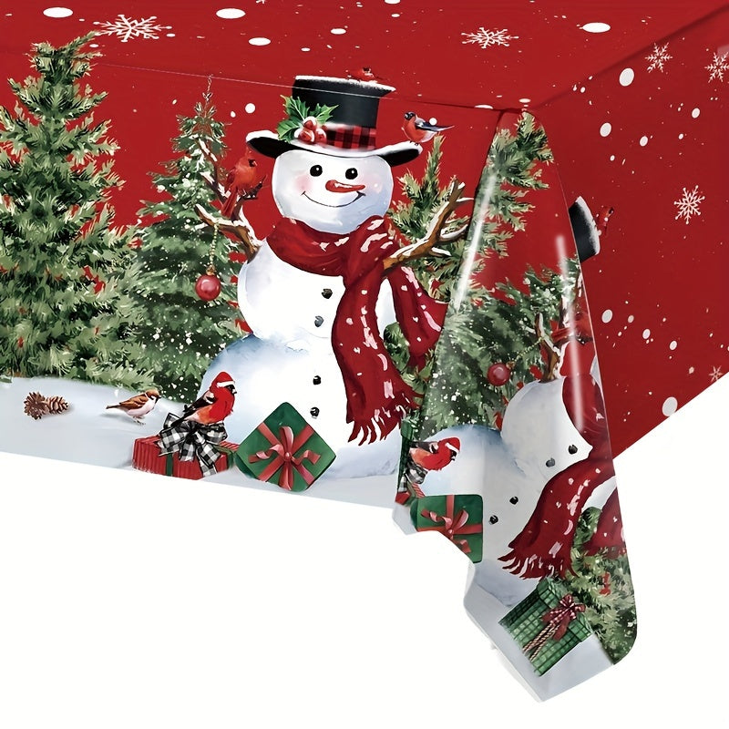 1pc, Merry Christmas Red Tablecloth, Disposable Plastic Tablecloth, Snowman Christmas Tree Table Cover, Christmas Holiday Table Decoration, Winter New Year Holiday Decorations, Natal, Noel, Navidad Decor