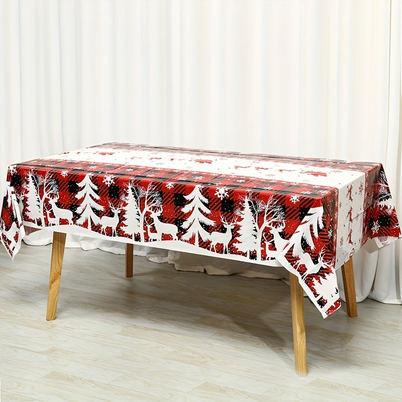 1pc, Christmas Plastic Tablecloth, 51.18*86.61inch Disposable Buffalo Plaid Tree Elk Rectangle Table Cover For Kitchen Dining Table Decor, Christmas Decorations 2024 For Home Decor Xmas Party Festive Holiday Gifts New Year Snowflakes Table Cloth