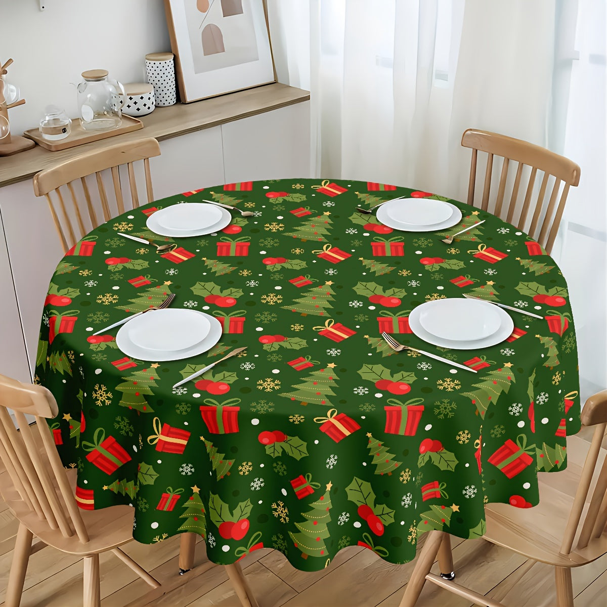 Christmas Round Tablecloth - 100% Polyester, Waterproof, Oil-Proof, Machine-Washable, Woven Holiday Design Table Cover for Festive Gatherings - 60 Inch