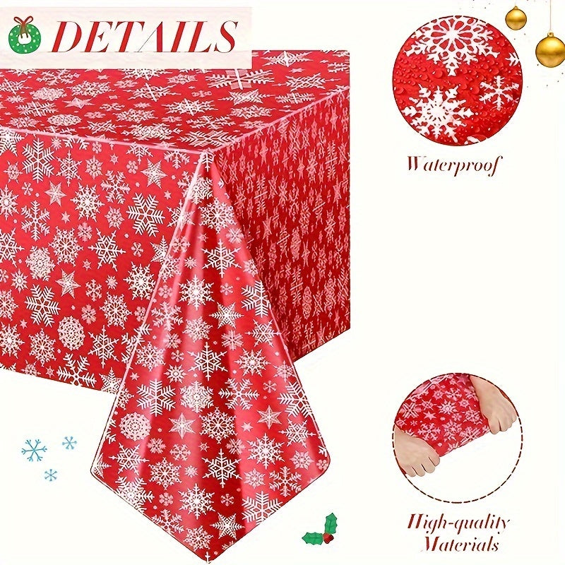 Christmas Snowflake Tablecloth Set of 3 - Disposable Plastic Table Covers for Holiday Parties, Kitchen, Dining, Living Room - Festive Red and White Table Skirts, Machine Made, Autumn Decor - For Holiday Celebrations - Perfect Gift for Christmas
