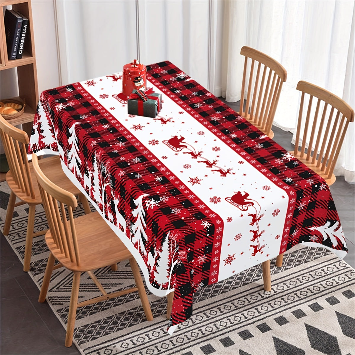 1pc, Christmas Plastic Tablecloth, 51.18*86.61inch Disposable Buffalo Plaid Tree Elk Rectangle Table Cover For Kitchen Dining Table Decor, Christmas Decorations 2024 For Home Decor Xmas Party Festive Holiday Gifts New Year Snowflakes Table Cloth