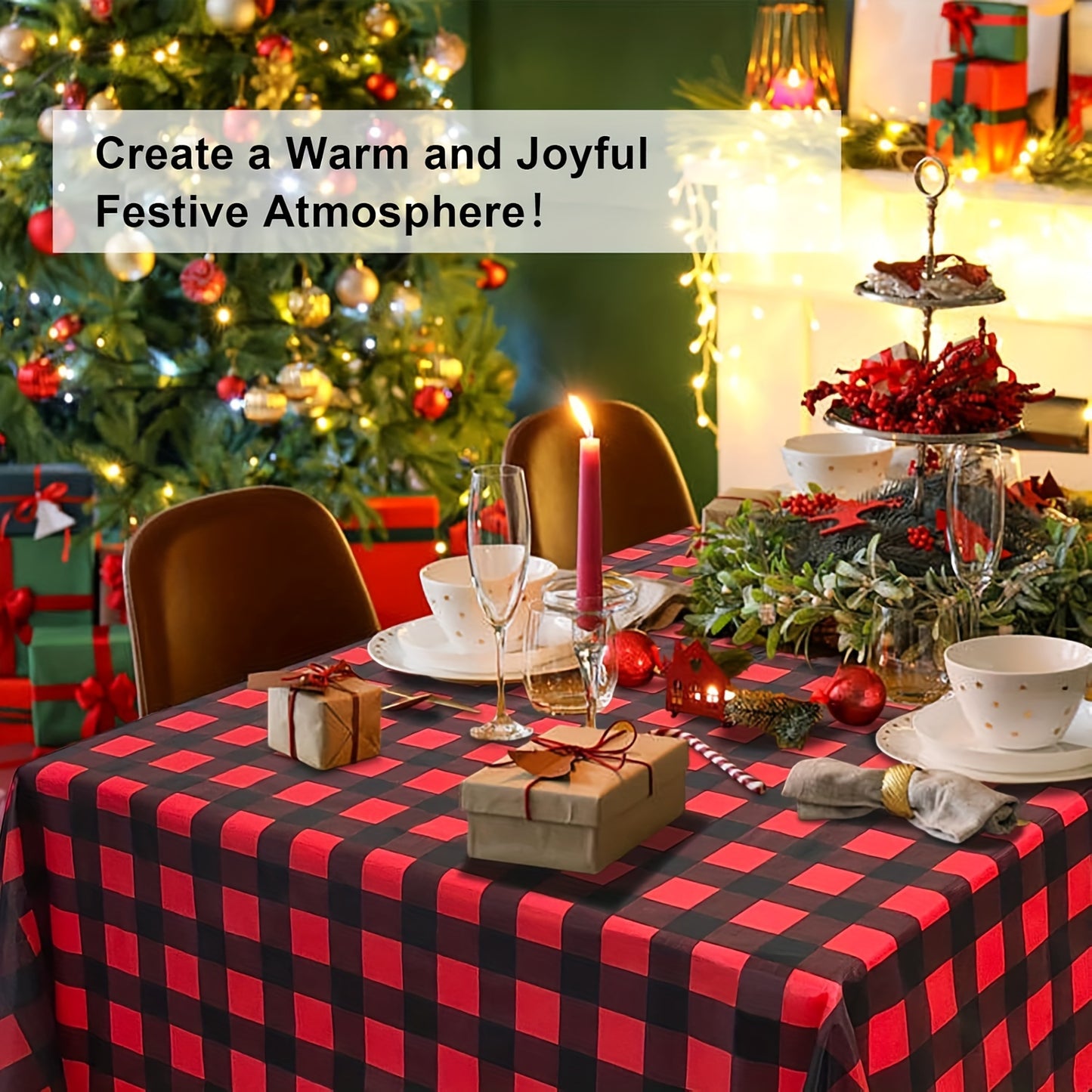 1pc Red & Black Plaid Disposable Tablecloth - Waterproof & Stain-Resistant, Perfect for Christmas Family Gatherings & Parties