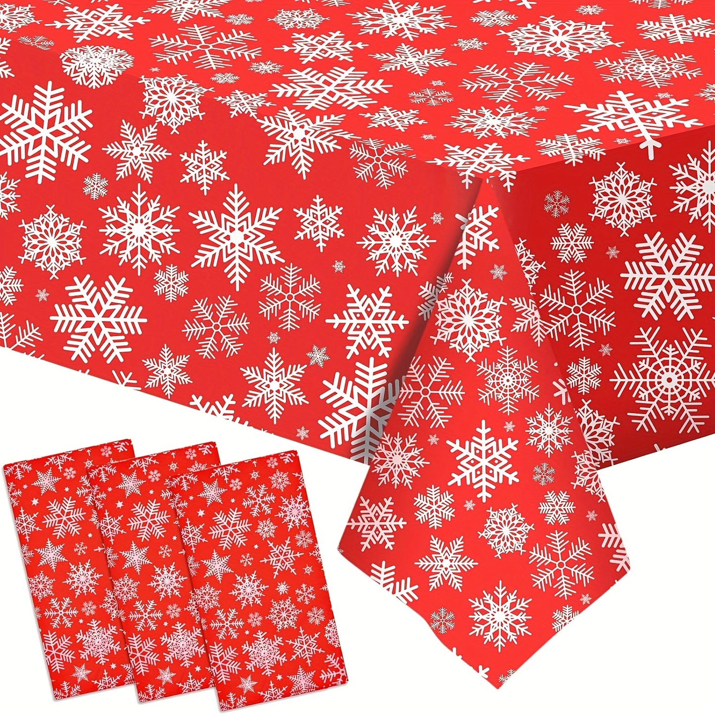 Christmas Snowflake Tablecloth Set of 3 - Disposable Plastic Table Covers for Holiday Parties, Kitchen, Dining, Living Room - Festive Red and White Table Skirts, Machine Made, Autumn Decor - For Holiday Celebrations - Perfect Gift for Christmas