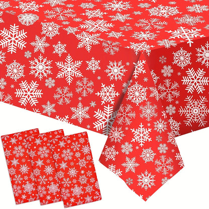 Christmas Snowflake Tablecloth Set of 3 - Disposable Plastic Table Covers for Holiday Parties, Kitchen, Dining, Living Room - Festive Red and White Table Skirts, Machine Made, Autumn Decor - For Holiday Celebrations - Perfect Gift for Christmas