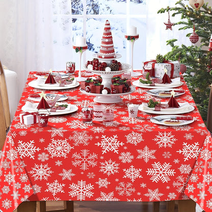 Christmas Snowflake Tablecloth Set of 3 - Disposable Plastic Table Covers for Holiday Parties, Kitchen, Dining, Living Room - Festive Red and White Table Skirts, Machine Made, Autumn Decor - For Holiday Celebrations - Perfect Gift for Christmas