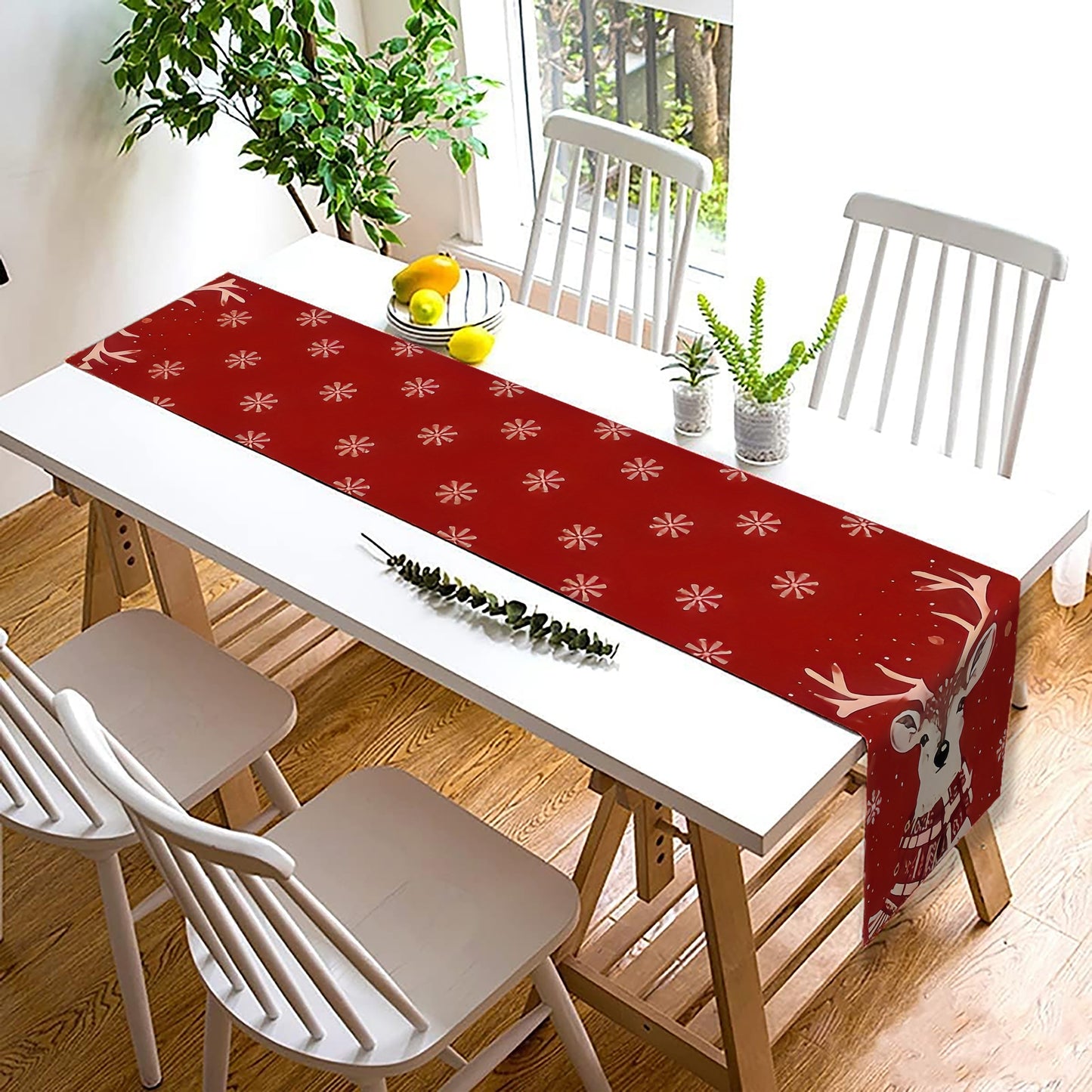Christmas Reindeer Tablecloth, Polyester, Festive Red with Snowflake Design, for Holiday Dining, Party Decoration, Suitable for Ages 14+