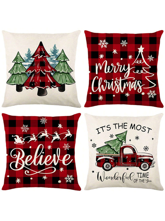 4 Pieces Of Christmas Pillowcase, Christmas Tree Truck, Black And Red Checkered Decoration, Linen Pillowcase, Winter Farmhouse Decor, Home Sofa, Single Side, No Pillow Core Red