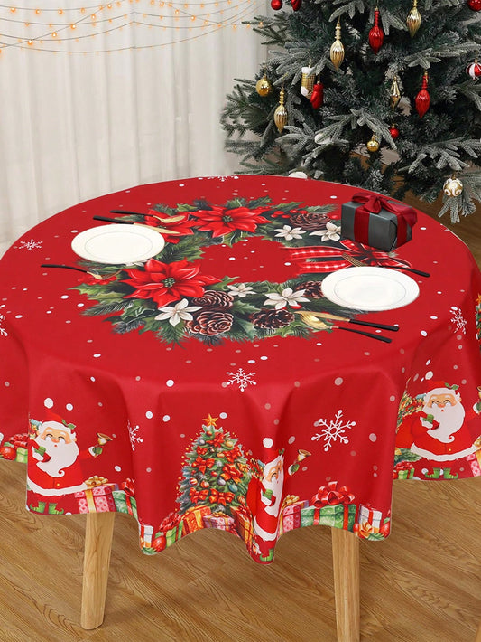 1Pc Christmas Tablecloth Table Cloth Table Cover,Red Santa Claus Christmas Tree Snowflakes Pattern,Circular Tablecloth,Christmas Decorations,Table Decor Home Decor,Xmas Party Decor Party Supplies,Merry Christmas,2025 New Year Decor,Christmas Multicolor