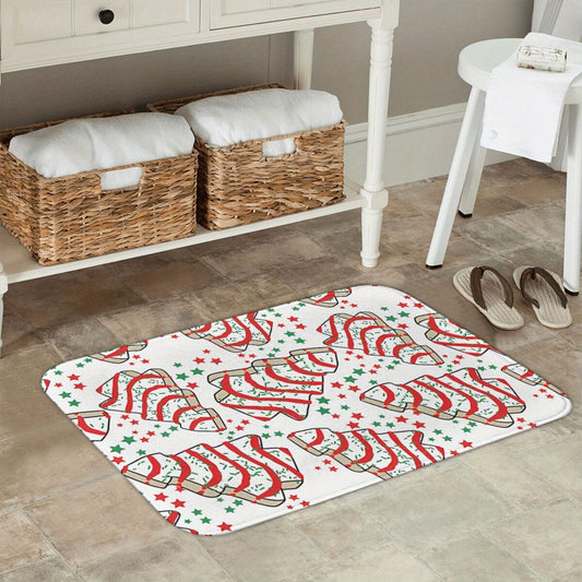 Christmas Tree & Snack Cakes Design - Non-Slip, Machine Washable Bathroom Mat | Lightweight Polyester Home Decor Rug for Bedroom Entrance