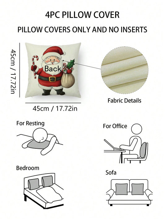 4pcs/Set Christmas Santa Claus, Car And Snowman Christmas Tree Decorative Pillow Case Cover, Modern Linen Fabric Hand-Painted Printed Cushion Cover For Sofa, Living Room, Without Pillow Inner Multicolor