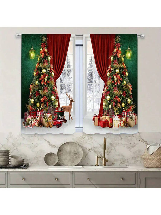 2pcs Christmas Tree & Gift Print Curtains, Red & Green Color, Suitable For Bedroom, Living Room And Balcony Decoration, All Seasons C