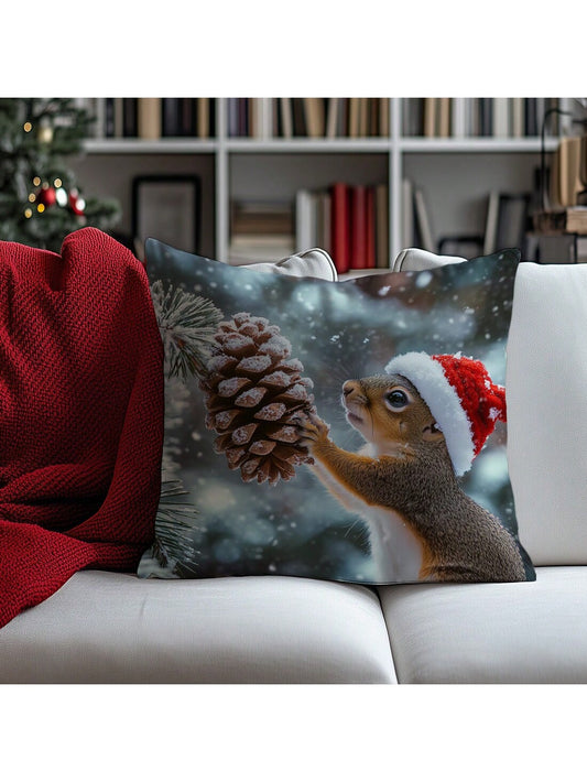 1pc Christmas Squirrel Decorative Pillow Case, Single Sided Soft Plush Fabric, 45*45CM/18*18inch Cushion Cover For Modern Sofa, Indoor Decor, Party Decoration, Gift Multicolor
